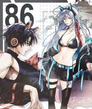 1boy 1girl 86_-eightysix- animal_ear_headphones animal_ears antenna_hair armpit_peek armpits bare_shoulders belt bikini black_bikini black_border black_hair black_jacket black_shirt black_shorts black_thighhighs blue_belt blue_garter_straps blue_nails blue_ribbon border breasts brown_ribbon cat_ear_headphones cat_ears cleavage collarbone colorful_background denim denim_shorts facing_to_the_side facing_viewer fake_animal_ears garter_straps grey_background grey_eyes hair_between_eyes hair_over_shoulder halterneck headphones highres hood hood_down hooded_jacket jacket jacket_partially_removed lips long_hair looking_at_viewer looking_to_the_side lying m_m_pb medium_breasts messy_hair midriff multicolored_hair navel number_background on_back open_clothes open_jacket outside_border parted_lips pink_background profile red_eyes red_hair ribbon shinei_nouzen shirt short_hair shorts sidelocks sleeveless sleeveless_shirt sleeveless_turtleneck streaked_hair striped_bikini striped_clothes swimsuit thigh_strap thighhighs thighs turtleneck turtleneck_shirt vertical-striped_bikini vertical-striped_clothes very_long_hair vladilena_millize white_background white_hair zettai_ryouiki