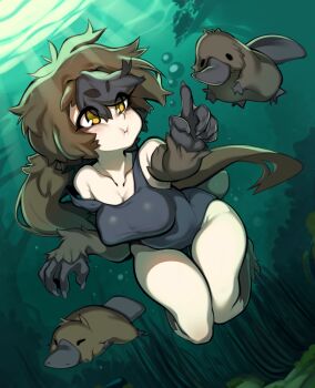 1girl 2others air_bubble bare_shoulders black_hair blush breasts brown_hair bubble holding_breath large_breasts multicolored_hair multiple_others off_shoulder one-piece_swimsuit original platypus platypus_girl rinkae swimming swimsuit thigh_gap thighs two-tone_hair underwater wide_hips yellow_eyes
