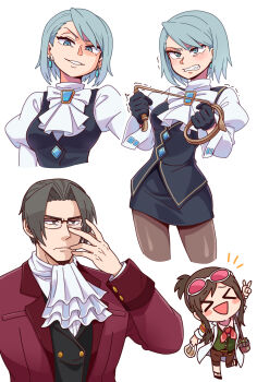 Rule 34 | > <, 1boy, 2girls, absurdres, ace attorney, adjusting eyewear, ascot, black gloves, black hair, blue eyes, blue hair, blush stickers, bow, bowtie, breasts, brown hair, brown pants, brown pantyhose, clenched teeth, coat, commentary, earrings, ema skye, evil smile, eyewear on head, franziska von karma, frown, galois, glasses, gloves, highres, holding, holding whip, jewelry, juliet sleeves, long sleeves, medium breasts, medium hair, miles edgeworth, miniskirt, multiple girls, pants, pantyhose, pencil, ponytail, puffy sleeves, red-tinted eyewear, red coat, short ponytail, skirt, smile, sunglasses, teeth, tinted eyewear, triangle mouth, v, white ascot, white bow, white bowtie, white coat
