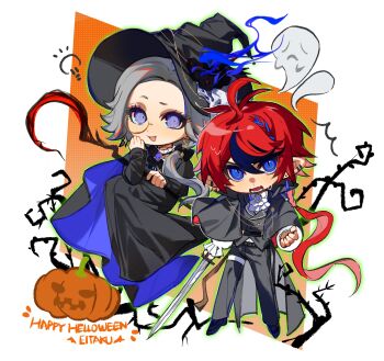 2boys absurdres alternate_costume alternate_hair_length alternate_hairstyle antenna_hair aotsuki_eito ascot black_cape black_dress black_hair black_hat black_pants black_shoes black_vest blue_eyes blue_ribbon braid brooch cape chinese_commentary collared_shirt commentary_request crossdressing crossdressing_(mtf) deformed dress earrings eyelashes fangs frilled_sleeves frills ghost glasses green_outline grey_hair hair_ribbon halloween hand_on_own_cheek hand_on_own_face happy_halloween hat highres holding holding_staff holding_sword holding_weapon jack-o&#039;-lantern jewelry long_hair long_sleeves male_focus monocle multicolored_hair multiple_boys open_mouth outline pants pointy_ears purple_eyes red_hair ribbon ribbon_braid round_eyewear semi-rimless_eyewear shirt shoes smile staff streaked_hair sumino_takumi sword the_hundred_line_-last_defense_academy- thigh_strap two-tone_hair vest weapon white_ascot white_shirt witch witch_hat xiamu_bushi_xiamu