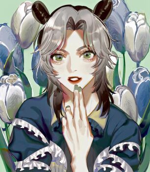 Rule 34 | 1girl, blue flower, commentary, double bun, flower, green eyes, green nails, hair bun, highres, jojo no kimyou na bouken, kuujou jolyne, long hair, masakenme, multicolored hair, solo, stone ocean, two-tone hair, white flower