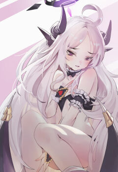 Rule 34 | 1girl, ahoge, bikini, black halo, blue archive, blush, commentary request, demon girl, demon horns, demon wings, flat chest, halo, highres, hina (blue archive), horns, keji133, long hair, looking at viewer, low wings, purple eyes, sitting, solo, swimsuit, very long hair, white hair, wings