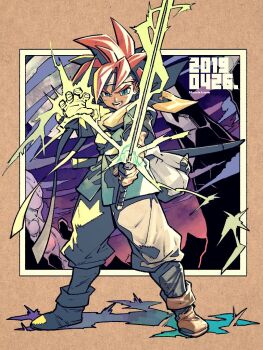 1boy chrono_trigger crono_(chrono_trigger) dated full_body headband holding holding_sword holding_weapon looking_at_viewer magic male_focus open_mouth red_hair sasaki_tomomi scarf smile solo spiked_hair sword weapon