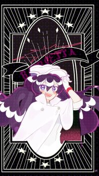 1girl absurdres bambietta_basterbine belt black_background bleach bleach:_sennen_kessen-hen blush cape character_name commentary fujizeze_0806 gloves hair_between_eyes halo hat highres jacket long_hair looking_at_viewer military military_hat military_uniform peaked_cap purple_eyes purple_hair red_halo signature smile solo sparkling_eyes star_(symbol) wandenreich_uniform white_cape white_gloves white_hat white_jacket