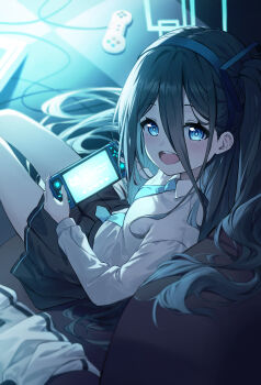 1girl :d absurdly_long_hair aqua_halo aris_(blue_archive) black_hair black_skirt blue_archive blue_eyes blue_necktie blush breasts bright_pupils cable collared_shirt commentary controller from_above game_controller hairband halo handheld_game_console highres holding holding_handheld_game_console jacket long_hair long_sleeves looking_at_viewer necktie one_side_up open_mouth pleated_skirt rectangular_halo retsu_(retsu_3) ringed_eyes shirt sitting skirt small_breasts smile solo teeth unworn_jacket upper_teeth_only very_long_hair white_shirt