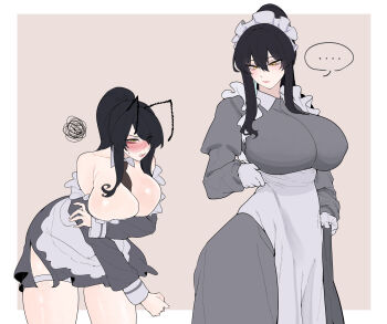 Rule 34 | ..., 1girl, absurdres, adjusting clothes, antennae, apron, bare shoulders, black hair, black necktie, breasts, covering breasts, covering privates, detached collar, dress, green dress, high ponytail, highres, huge breasts, long dress, long hair, long sleeves, m4skedboi, maid, maid headdress, multiple views, necktie, no bra, off shoulder, original, ponytail, sidelocks, speech bubble, spoken ellipsis, squiggle, thigh strap, waist apron, wardrobe malfunction, white apron, yellow eyes