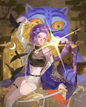 1girl bird braid braided_ponytail commentary derpy_(kpop_demon_hunters) earrings epaulettes hat highres holding holding_sword holding_weapon jewelry kakyoriya kpop_demon_hunters navel parted_lips purple_hair ring rumi_(kpop_demon_hunters) shorts sussie_(kpop_demon_hunters) sword thigh_strap tiger turtleneck weapon white_shorts