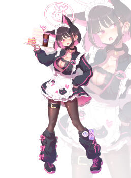 02milos02 absurdres animal_ears apron back_bow belt belt_buckle black_belt black_choker black_hair black_jacket black_leg_warmers black_mask black_pantyhose black_skirt blue_archive bow breast_cutouts breasts buckle cake cat_cutout cat_ears choker cleavage_cutout clenched_hand clothing_cutout collarbone colored_inner_animal_ears colored_inner_hair commentary_request crazy_straw drink drinking_straw food frilled_apron frilled_skirt frills glowing glowing_halo halo hand_on_own_hip hand_up head_tilt heart_straw highres holding holding_tray jacket jersey_maid kazusa_(blue_archive) leg_warmers legs_apart looking_to_the_side loose_socks maid maid_apron maid_headdress mask mask_pull multicolored_hair open_clothes open_jacket open_mouth over-kneehighs pantyhose pink_bow pink_hair pink_halo plate red_eyes shoes sideways_glance simple_background skirt sneakers socks spaghetti_strap standing strawberry_cake thigh_belt thigh_strap thighhighs track_jacket tray two-sided_fabric two-sided_jacket two-sided_skirt two-tone_hair unconventional_maid waist_apron white_apron white_background white_bow zoom_layer