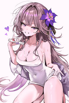 1girl absurdres alternate_costume bare_shoulders breasts brown_hair cleavage collarbone commentary covered_erect_nipples covered_navel dress flower groin hair_flower hair_ornament haze_(7h4ze) heart herta_(honkai:_star_rail) highres holding holding_test_tube honkai:_star_rail honkai_(series) kneeling lifting_own_clothes long_hair looking_at_viewer medium_breasts nail_polish no_panties parted_lips pouring pouring_onto_self purple_eyes purple_flower purple_nails simple_background smile solo test_tube the_herta_(honkai:_star_rail) thighs very_long_hair white_background white_dress