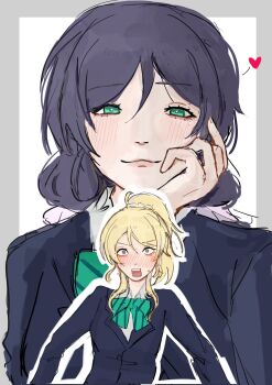 Rule 34 | 2girls, ayase eli, blazer, blonde hair, blue eyes, blush, border, bow, bowtie, closed mouth, commentary, doujinshi cover trope (trend), english commentary, flustered, green bow, green bowtie, green eyes, grey border, hand on own face, head rest, heart, highres, jacket, kittisunni, love live!, love live! school idol project, low twintails, multiple girls, open mouth, otonokizaka school uniform, outline, ponytail, projected inset, purple hair, rectangular mouth, school uniform, smile, tojo nozomi, twintails, upper body, v-shaped eyebrows, white background, white outline, yuri