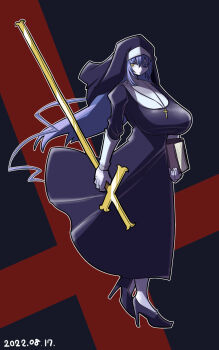 1girl alternate_breast_size_(larger) alternate_costume barasuishou black_background black_coif black_dress black_shoes book breasts commentary_request crosier cross cross_background cross_necklace dated dress flower_eyepatch full_body grey_hair high_heels highres holding holding_book holding_staff itini-sanshi jewelry large_breasts long_hair long_sleeves necklace nun redrawn rozen_maiden shoes solo staff v-shaped_eyebrows very_long_hair yellow_eyes