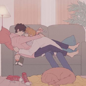 2boys a_co_pi ash_lynx banana_fish barefoot black_eyes black_hair blonde_hair blue_eyes blue_pants book couch cuddling curtains dog hand_on_another&#039;s_back holding holding_book holding_removed_eyewear hood hoodie lamp long_sleeves looking_at_another male_focus multiple_boys okumura_eiji on_couch pants pillow pink_hoodie plant potted_plant red_footwear rug shirt shoes short_hair smile sneakers unworn_eyewear unworn_shoes white_shirt yaoi