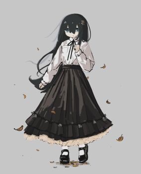 1girl absurdres autumn_leaves black_hair blue_eyes breast_pocket collared_shirt expressionless full_body highres leaf long_hair long_skirt long_sleeves looking_at_viewer mary_janes mushroom_on_head neck_ribbon nyaausea pocket ribbon shimeji_simulation shirt shirt_tucked_in shoes skirt solo tsukishima_shijima very_long_hair