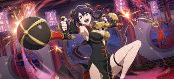 1girl armor bambietta_basterbine black_hair bleach bleach:_brave_souls bleach:_sennen_kessen-hen bomb breasts china_dress chinese_clothes cleavage cleavage_cutout clothing_cutout detached_sleeves dress explosive fingerless_gloves gloves hair_bun hair_ribbon highres holding holding_weapon indoors large_breasts looking_at_viewer medium_hair official_alternate_costume official_art open_mouth quincy_(bleach) ribbon second-party_source shoulder_armor sparks sternritter teeth thigh_strap tongue upper_teeth_only weapon