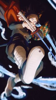 1boy black_hair black_jacket black_pants blue_eyes buttons demon_slayer_uniform from_behind gold_buttons haori high_collar highres jacket japanese_clothes jumping kikkoumon kimetsu_no_yaiba low_ponytail male_focus pants ponytail print_haori red_haori sandals solo spiked_hair tomioka_giyuu twitter_username water weideng_2021