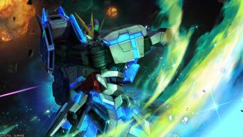 absurdres battle company_name copyright_notice energy energy_beam explosion glowing glowing_eyes gundam gundam_battle_operation_2 gundam_narrative highres machinery mecha mecha_focus mobile_suit narrative_gundam narrative_gundam_c-packs nebula no_humans official_art painting_(medium) realistic robot scan scene_reference science_fiction solo space star_(sky) sunrise_(company) tenjin_hidetaka traditional_media v-fin weapon