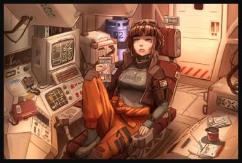 1girl aqua_eyes bandaid bandaid_on_face black_border black_collar black_socks blunt_bangs border breasts brown_hair brown_jacket cable can chair collar cropped_jacket door eyewear_on_head flag_patch grey_shirt highres holding jacket jumpsuit knee_up lips looking_at_viewer monitor notfuji on_chair open_clothes open_jacket orange_jumpsuit original science_fiction shirt short_hair sitting socks solo underbust