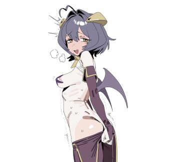Rule 34 | + +, 1girl, antenna hair, areola slip, ass, bare back, bare shoulders, bat wings, blush, breasts, butt crack, clothes grab, covering ass, covering privates, cowboy shot, cucumber (pixiv122413559), curled horns, demon girl, demon horns, dot nose, elbow gloves, embarrassed, eyelashes, fang, female focus, fingerless gloves, flat ass, from side, full-face blush, gloves, hiiragi utena, horns, looking at viewer, looking to the side, lowleg, lowleg pants, magia baiser, mahou shoujo ni akogarete, medium breasts, medium hair, motion lines, nervous, nervous smile, no panties, open mouth, pants, pasties, petite, purple gloves, purple hair, purple pants, ribs, shrug (clothing), simple background, sleeveless, sleeveless shrug, smile, solo, standing, trembling, turning head, white background, white shrug, wings, yellow eyes, yellow horns