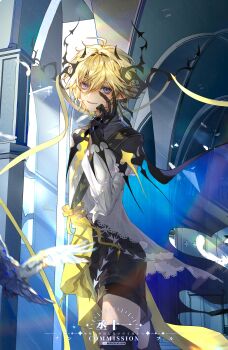 Rule 34 | 1boy, absurdres, ahoge, alternate costume, aotu world, artist name, bird, bishounen, black gloves, black shorts, black thighhighs, blonde hair, blue cape, blue eyes, cape, chinese commentary, column, commentary request, commission, cowboy shot, crown, demon boy, demon horns, dove, eyelashes, fang, feathers, feet out of frame, frilled shirt, frills, gloves, hair between eyes, hand on own face, hand up, highres, horn ornament, horn ribbon, horns, king (aotu world), light rays, long sleeves, looking at viewer, male focus, motion blur, parted lips, pillar, pointy ears, puffy long sleeves, puffy sleeves, ribbon, shirt, short hair, shorts, smile, solo, standing, sunlight, thighhighs, watermark, white bird, white shirt, xiaohen236, yellow ribbon