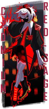 Rule 34 | 1girl, 2025, absurdres, aged up, alternate form, arm at side, bare legs, black boots, black dress, black jacket, boots, border, bow, character name, colored inner hair, commentary, creepy, dress, energy, english commentary, female focus, glitch, glowing, gradient background, hair bow, hair over one eye, high heel boots, high heels, highres, jacket, military jacket, multicolored hair, neo sage (sonic), nullvoxxed, open hand, outside border, red eyes, red nails, sage (sonic), serious, shaded face, short hair, solo, sonic (series), white hair, wide sleeves, yellow trim