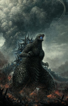 Rule 34 | aircraft, airplane, atomic breath, claws, cloud, cloudy sky, day, debris, destruction, dinosaur, dust, embers, energy, epic, fire, flying, from below, giant, giant monster, glowing, glowing mouth, glowing spikes, godzilla, godzilla (series), godzilla minus one, highres, imperial japanese navy, j7w shinden, kaiju, looking up, military, monster, monster focus, mushroom cloud, no humans, open mouth, overcast, plasma, prototype, realistic, rubble, sharp teeth, signature, sky, smoke, spikes, tail, tatsuya (atelier road), teeth, toho, war, weapon, world war ii