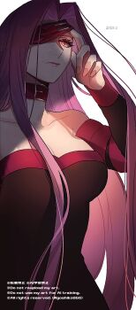 Rule 34 | 1girl, bare shoulders, black dress, blindfold, blindfold lift, breasts, choker, collarbone, cowboy shot, dated, detached sleeves, dress, fate/stay night, fate (series), fingernails, goshiko86g, hair intakes, highres, large breasts, long hair, medusa (fate), medusa (rider) (fate), partially shaded face, purple hair, red eyes, sidelighting, solo, very long hair