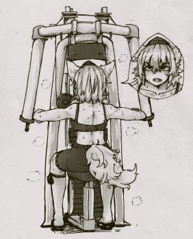 1girl animal_ears back commentary commission exercise_machine exercising full_body greyscale hat hayoibu highres inubashiri_momiji monochrome open_mouth shorts sitting solo sports_bra sweat tail tokin_hat touhou wolf_ears wolf_girl wolf_tail