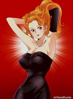 1girl absurdres alternate_costume armpits arms_behind_head arms_up bare_shoulders black_dress black_gloves breasts chandllucky cleavage collarbone commentary dress earrings elbow_gloves english_commentary eyeshadow glint gloves gradient_background hands_in_own_hair highres jewelry large_breasts lips long_hair looking_at_viewer makeup nami_(one_piece) necklace one_piece orange_eyes orange_hair parted_lips pearl_earrings red_background red_lips single_glove solo strapless strapless_dress twitter_username upper_body wavy_hair