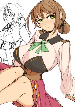 1girl 3amsoda aqua_ribbon artist_name braid braided_base brown_corset brown_hair bun_with_braided_base commentary corset duvalie eiyuu_densetsu english_commentary green_eyes hair_between_eyes hair_bun highres lineart long_sleeves multiple_views neck_ribbon ribbon sen_no_kiseki sen_no_kiseki_(series) sen_no_kiseki_iv short_hair single_hair_bun sitting small_sweatdrop wispy_bangs