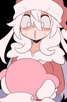 1boy 1girl :o bags_under_eyes black_background christmas commentary_request dress from_behind fur-trimmed_dress fur-trimmed_headwear fur_collar fur_trim galeem genderswap genderswap_(otf) hair_between_eyes hat highres holding_person kirby kirby_(series) kurachi_mizuki long_hair long_sleeves mittens nervous_sweating nintendo open_mouth partially_shaded_face personification pom_pom_(clothes) red_dress red_hat sack santa_hat simple_background super_smash_bros. surprised sweat sweatdrop upper_body v-shaped_eyebrows white_eyes white_hair white_mittens