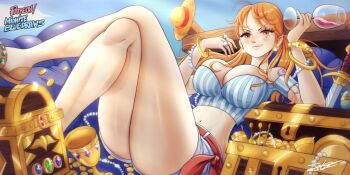 1girl bangle bare_legs bare_shoulders belt belt_ribbon blush bracelet breasts cleavage closed_mouth coin commentary crossed_legs crown cup earrings english_commentary feet_out_of_frame glint gold_bracelet gold_coin gold_crown hat highres holding holding_cup jewelry knees_up large_breasts legs lips long_hair looking_at_viewer midniteblueart midriff multiple_rings nami_(one_piece) navel off-shoulder_shirt off_shoulder official_alternate_costume official_alternate_hairstyle one_piece orange_eyes orange_hair pearl_bracelet pink_lips planted planted_sword planted_weapon red_belt ring shirt short_shorts short_sleeves shorts shoulder_tattoo signature sitting solo straw_hat striped_clothes striped_shirt sword tattoo thighs treasure_chest twintails unworn_hat unworn_headwear vertical-striped_clothes vertical-striped_shirt weapon white_shorts