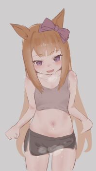 animal_ears blush burbecuebuffet character_request hair_ribbon horse_ears horse_girl purple_eyes purple_ribbon ribbon shorts tank_top theflatfacadeds_style