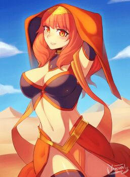 1girl absurdres alternate_costume black_thighhighs breasts celica_(fire_emblem) choker cleavage dancer desert fire_emblem fire_emblem_echoes:_shadows_of_valentia headdress highres large_breasts light_smile long_hair navel nintendo princess red_eyes red_hair red_sash sand sash stomach thighhighs yamisan