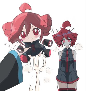 2girls agalmatophilia ahoge black_shirt black_skirt breath character_doll cum cumdrip detached_sleeves doll drill_hair female_pov hatsune_miku highres holding holding_doll holding_stuffed_toy implied_futanari kasane_teto long_sleeves looking_at_viewer medium_hair meme miniskirt motion_lines multiple_girls pleated_skirt pov pov_hands red_eyes red_hair shirt simple_background skirt sleeveless sleeveless_shirt sparkle sparkle_doll_onahole_(meme) stuffed_toy t2e1o1 twin_drills twitching unconventional_artificial_vagina utau vocaloid white_background