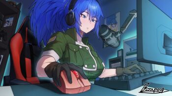 black_gloves blue_eyes blue_hair breasts chair closed_mouth computer computer_keyboard computer_mouse gaming_chair gloves green_jacket headphones highres jacket leona_heidern livestream microphone military_uniform monitor on_chair playing_games ponytail poopman poster_(object) sitting snk soldier studio_microphone swivel_chair tank_top the_king_of_fighters the_king_of_fighters_xv yellow_tank_top
