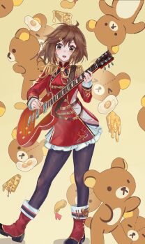 1girl :d absurdres alternate_costume black_pantyhose blush boots brown_eyes brown_hair chinese_commentary clothing_request commentary_request cosplay dress electric_guitar fried_egg full_body gibson_les_paul guitar hair_ornament hairclip high_collar highres hirasawa_yui instrument k-on! layered_sleeves long_sleeves looking_at_viewer military_uniform music open_mouth pantyhose parallel_hairclips playing_instrument red_boots red_dress short_dress smile solo standing stuffed_animal stuffed_toy teddy_bear user_adpn2522 yellow_background