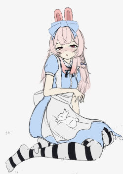 1girl alice&#039;s_adventures_in_wonderland alice_(alice_in_wonderland) alice_(alice_in_wonderland)_(cosplay) animal_print blue_dress blush bow braid cigarette dress female_focus full_body hair_bow holding holding_cigarette ky_(ky66622) long_hair looking_at_viewer pantyhose phase_connect pink_hair pipkin_pippa rabbit_ears rabbit_print red_eyes short_sleeves sitting solo striped_clothes striped_pantyhose tagme tears virtual_youtuber white_background