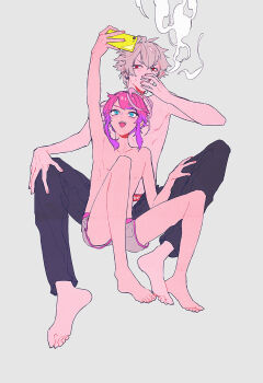 2boys amemura_ramuda antenna_hair aohitsugi_samatoki barefoot between_legs blue_eyes blush cellphone cigarette denim dolphin_shorts earrings full_body grey_background grimace grin hair_between_eyes hand_on_another&#039;s_thigh hand_on_own_knee highres holding holding_phone hypnosis_mic jeans jewelry looking_at_phone looking_up male_focus male_underwear male_underwear_peek multicolored_hair multiple_boys multiple_piercings nipples open_mouth pale_skin pants phone pink_hair purple_hair red_eyes selfie short_hair short_hair_with_long_locks shorts simple_background smartphone smile smoke smoking souko_(floyd) sweat swept_bangs topless_male two-tone_hair underwear v-shaped_eyebrows white_hair yaoi