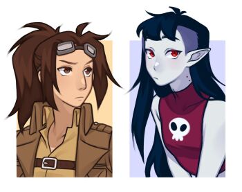 1girl 1other adventure_time bite_mark black_hair breasts brown_eyes brown_hair colored_skin commentary english_commentary frown gluca goggles goggles_on_head grey_skin hange_zoe long_hair marceline_abadeer pointy_ears ponytail raised_eyebrow raised_eyebrows red_eyes shingeki_no_kyojin sleeveless sleeveless_turtleneck small_breasts turtleneck undercut