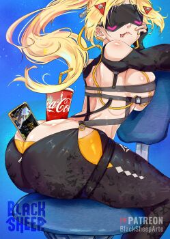 1girl ass between_buttocks black_gloves black_pants black_shrug blacksheepdraws blindfold_mask blonde_hair blue_background breasts butt_crack camouflage camouflage_jacket camouflage_pants chair covered_eyes fingerless_gloves from_behind gloves glowing_mask hair_ornament highres huge_ass jacket large_breasts licking licking_lips long_hair long_sleeves mask median_furrow on_chair pants parted_bangs ponytail shrug_(clothing) sideboob simple_background solo tight_clothes tight_pants tongue tongue_out triangle_hair_ornament trigger_(zenless_zone_zero) yellow_nails zenless_zone_zero zipper_pull_tab