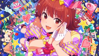 Rule 34 | 1girl, commentary request, detached sleeves, earth (planet), fingernails, game cg, heart, idolmaster, idolmaster million live!, idolmaster million live! theater days, looking at viewer, nail polish, nonohara akane, official alternate costume, official art, open mouth, palms together, planet, puffy detached sleeves, puffy sleeves, purple nails, red eyes, red hair, rocket, solo focus, sparkle, third-party source