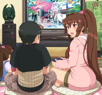 10s 1boy 2girls :d ariadne_(megami_tensei) artist_self-insert bad_id bad_pixiv_id black_hair character_request cherry_blossoms commentary_request computer copyright_request cthulhu family hair_between_eyes hood hoodie indian_style kantai_collection ko-yamato labrys_(persona) long_hair multiple_girls open_mouth persona persona_4:_the_ultimate_in_mayonaka_arena pillow playing_games ponytail purple_eyes sharp_corporation shin'en-san_(shin'en) shin'en_(gyokuro_company) sitting smile television very_long_hair video_game yamato_(kancolle)