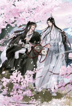 2boys absurdres ahoge animal black_boots black_hair black_hanfu boots branch brown_eyes cherry_blossoms chinese_clothes chinese_commentary closed_mouth commentary_request couple day donkey falling_petals flower full_body grass hair_ornament hair_ribbon hanfu headband highres holding holding_reins lan_wangji little_apple_(donkey) long_hair long_sleeves looking_at_another male_focus mg_ms_dayo modao_zushi multiple_boys official_art open_mouth outdoors pants petals pink_flower ponytail red_ribbon reins ribbon riding riding_animal robe sash sidelocks sitting sky smile smoke spring_(season) standing tassel tassel_hair_ornament third-party_source topknot tree very_long_hair wei_wuxian white_boots white_hanfu white_headband white_pants white_sash wide_sleeves xiao_guan_(headdress) yaoi yaopei