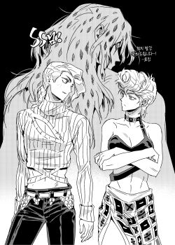 1boy 2girls bra braid braided_ponytail breasts choker cleavage cleavage_cutout clothing_cutout commentary_request cropped_sweater crossed_arms diavolo eye_contact freckles greyscale highres jeonjin_(mynamebazin) jojo_no_kimyou_na_bouken korean_commentary korean_text looking_at_another medium_breasts midriff monochrome multiple_girls pompadour side_slit single_strap spotted_fur sweater translation_request trish_una turtleneck turtleneck_sweater underwear vento_aureo vinegar_doppio