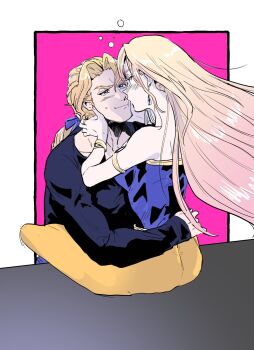 1boy 1girl bare_shoulders blonde_hair blue_eyes breasts celes_chere closed_mouth earrings edgar_roni_figaro final_fantasy final_fantasy_vi hands_on_another&#039;s_face highres jewelry long_hair ponytail smile