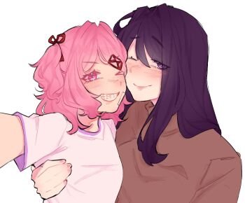 2girls arm_around_back black_hair brown_shirt closed_mouth commentary doki_doki_literature_club english_commentary grin hair_ribbon highres long_hair long_sleeves medium_hair multiple_girls natsuki_(doki_doki_literature_club) one_eye_closed pink_eyes pink_hair pockiseisont purple_eyes red_ribbon ribbon shirt short_sleeves smile two_side_up white_shirt yuri_(doki_doki_literature_club)