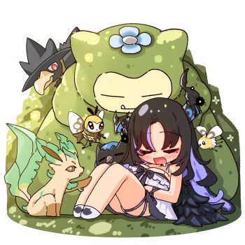 1girl black_hair breasts cleavage commentary crossover cutiefly deformed demon_girl demon_horns english_commentary flower full_body gen_1_pokemon gen_2_pokemon gen_4_pokemon gen_7_pokemon highres hololive hololive_english horns jadea5124 jailbird_(nerissa_ravencroft) leafeon long_hair mosslax multicolored_hair murkrow nerissa_ravencroft nerissa_ravencroft_(nighttime_princess) nintendo official_alternate_costume official_alternate_hairstyle on_ground outdoors pokemon pokemon_(creature) pokemon_pokopia ribombee simple_background sleeping snorlax solo streaked_hair thigh_strap virtual_youtuber white_background