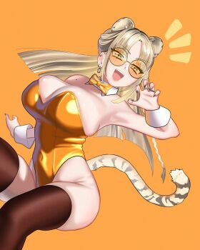1girl absurdres animal_ears animal_pose bare_shoulders black_nails blonde_hair blunt_ends braid breasts cleavage detached_collar ear_piercing earrings green_eyes highres hip_bones hololive hololive_dev_is huge_breasts itszenvy jewelry koganei_niko large_breasts leotard mole mole_on_shoulder multicolored_hair multiple_rings neck_ribbon orange-tinted_eyewear orange_background orange_leotard parted_bangs piercing playboy_bunny ribbon ring round_eyewear side_braid slit_pupils solo strapless strapless_leotard streaked_hair tail thighhighs tiger_ears tiger_girl tiger_tail tinted_eyewear two-tone_hair virtual_youtuber wrist_cuffs