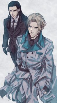 2boys arms_at_sides belt bindi black_gloves black_hair black_necktie black_suit blonde_hair blue_eyes closed_mouth coat collar earrings eyebrows eyes_visible_through_hair final_fantasy final_fantasy_vii final_fantasy_vii_remake fingerless_gloves formal_clothes gloves highres jewelry long_hair looking_at_another male_focus multiple_boys necktie ojkuroneko rufus_shinra short_hair simple_background square_enix standing suit tseng turks_(ff7) white_coat wing_collar