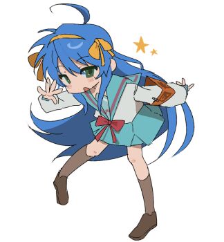 Rule 34 | 1girl, ahoge, akaru1, armband, blue hair, blue sailor collar, blue skirt, blush, bow, bowtie, brown shoes, brown socks, cosplay, green eyes, hair ribbon, izumi konata, kita high school uniform, long hair, lucky star, mole, mole under eye, red bow, red bowtie, ribbon, sailor collar, school uniform, serafuku, shirt, shoes, skirt, socks, star (symbol), suzumiya haruhi, suzumiya haruhi (cosplay), suzumiya haruhi no yuuutsu, white background, white shirt, yellow bow, yellow ribbon